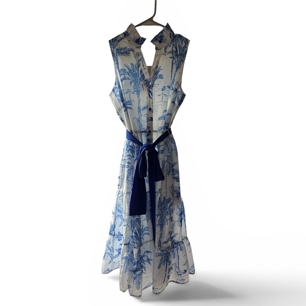 Jade Blue & White Sleeveless Maxi Dress with Belt Nautical Beach